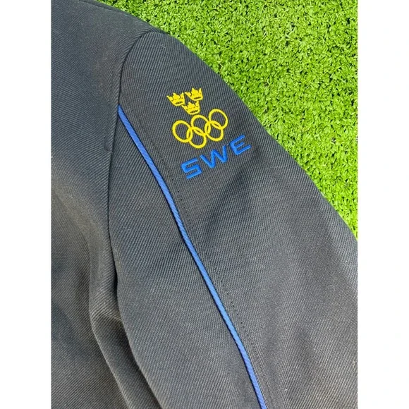 H&M Navy Blue Coat Jacket Zippered Pockets Long Sleeve Collared Swede Olympcs 48